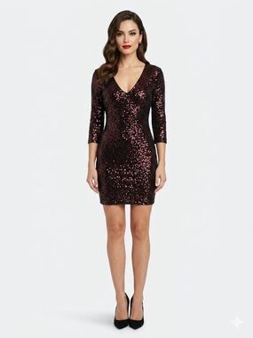 Express Red Black Sequin Mini Dress Size 4 V Neck Party Cocktail